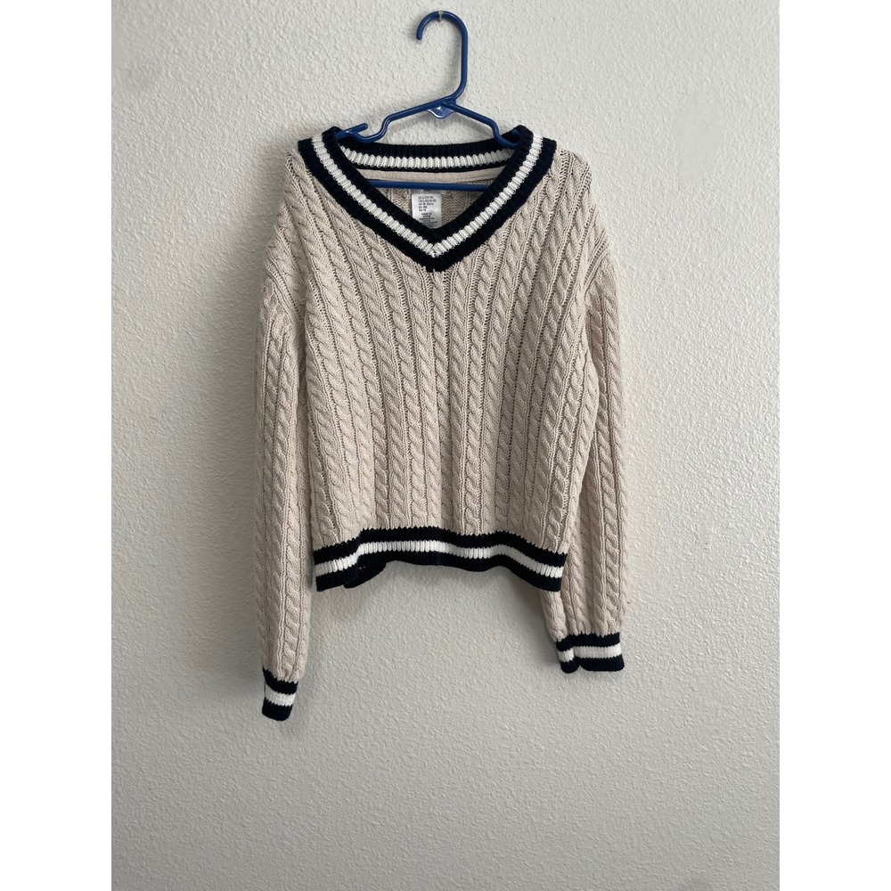 Max Studio Kids Sweater L 10/12 Cream Navy Blue‎ EUC Preppy Cable Knit V-Neck